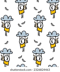 Poor comic angel hanging the cloud and scary to fall down from the sky seamless background. Vector endless pattern. Illustration for children fabric or room decor wallpaper.