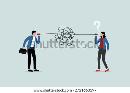 Poor communication creates confusion in work, misconstruing messages and unclear information concepts, businesspeople talking in the middle of chaos, tangled telephone lines leaving others confused.