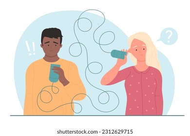 Problemas de comunicación y relación deficientes en la ilustración vectorial de pareja. Hombre de caricatura y mujer sosteniendo lata pueden telefonear con una cuerda enmarañada para hablar, chica confundida no entiende el discurso de los hombres