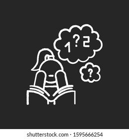 Poor concentration chalk icon. Math problem solving. Algebra studying. Wandering focus. Boring read. Attention deficit. Low motivation. Girl with ADHD. Isolated vector chalkboard illustration