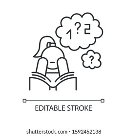 Poor concentration linear icon. Math problem solving. Algebra studying. Wandering focus. Boring read. Thin line illustration. Contour symbol. Vector isolated outline drawing. Editable stroke