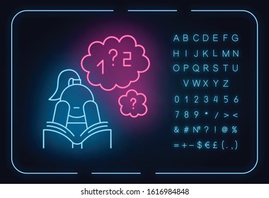 Poor concentration neon light icon. Math problem solving. Algebra studying. Wandering focus. Boring read. Glowing sign with alphabet, numbers and symbols. Vector isolated illustration