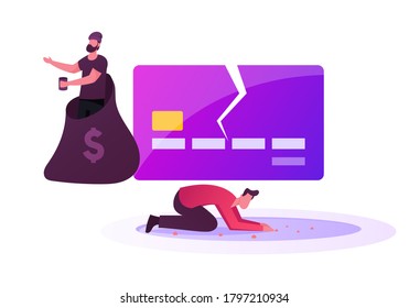 Poor Confused Man Stand on Knees, Beggar Male Character Begging at Huge Broken Credit Card. Society Pauperization, No Money, Economy Crisis or Bankruptcy Concept. Cartoon People Vector Illustration