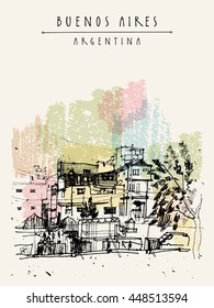 Poor dangerous criminal ghetto favela district in Buenos Aires, Argentina, South America. Hand-drawn vintage book illustration, postcard or poster in vector