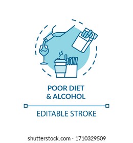 Poor Diet And Alcohol Concept Icon. Unhealthy Lifestyle And Bad Habits Idea Thin Line Illustration. Cardiovascular System Diseases Factors. Vector Isolated Outline RGB Color Drawing. Editable Stroke