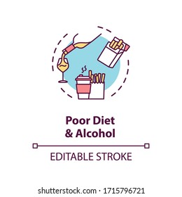 Poor Diet And Alcohol Concept Icon. Unhealthy Lifestyle, Health Hazard Idea Thin Line Illustration. Cardiovascular System Diseases Factors. Vector Isolated Outline RGB Color Drawing. Editable Stroke