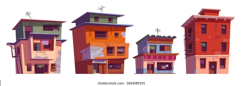 Poor Dirty Houses In Ghetto Area. Vector Cartoon Set Of Slum Old Broken Buildings, Shacks In Cheap Neighborhood. Shantytown Urban Houses Isolated On White Background