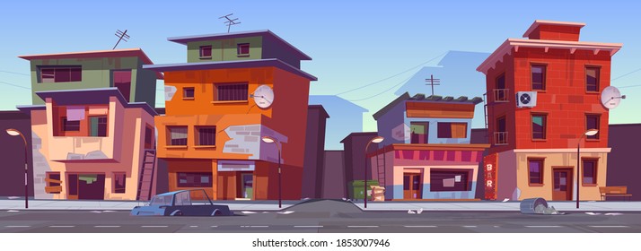 Poor dirty houses in ghetto area. Vector cartoon cityscape with slum buildings, shacks in cheap neighborhood. Shantytown street with old houses, broken car and trash