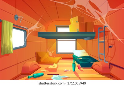 Poor dirty interior of camper. Vector cartoon illustration of poverty, abandoned camping van with mess, broken floor, torn bed, trash and spiderweb. Empty living room in trailer car