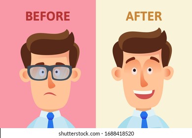 Poor eyesight. Surgery to sight restoration in humans. Sad man with glasses before surgery on eyes and happy person after. Vector illustration, flat design, cartoon style, isolated.