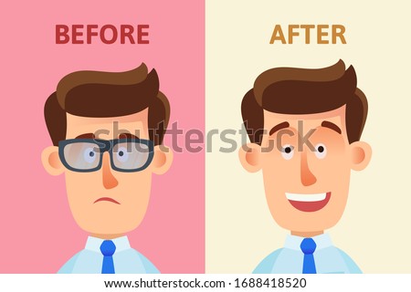 Poor eyesight. Surgery to sight restoration in humans. Sad man with glasses before surgery on eyes and happy person after. Vector illustration, flat design, cartoon style, isolated.
