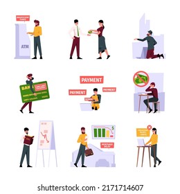 Poor family. Business bankruptcy poverty problems sad stress people garish vector flat illustrations set