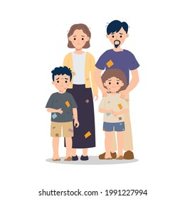 Poor family concept in dirty and patched clothes. Flat style cartoon vector