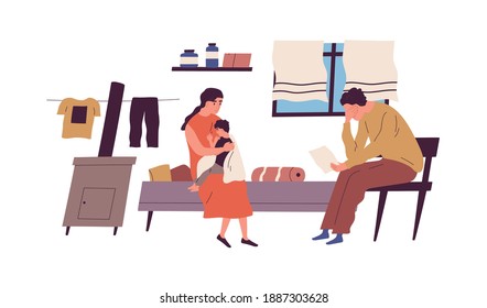 Poor Family Have No Money To Pay Bills Vector Flat Illustration. Miserable Jobless Father Holding Receipt Worrying About Payment Isolated. Unemployment And Financial Problem, Crisis Or Bankruptcy