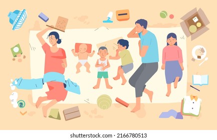 A Poor Family With Many Children Sleeping On The Floor In A Messy And Unhealthy Room Flat Style Illustration