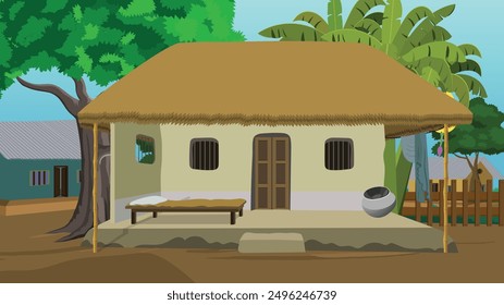 Poor farmer house vector illustration for cartoon animation. 2d village house background design