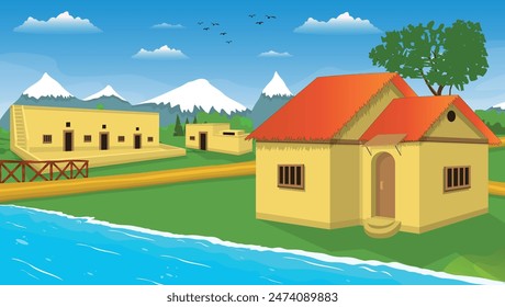 Poor farmer village cartoon background of green meadows and surrounded by trees, ocean and mountains