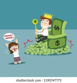 Poor female worker respect rich boss at pile of money, illustration vector cartoon