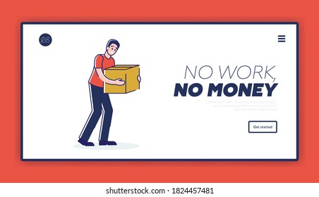 Pobre hombre de fuego sostiene una caja con pertenencias. No hay trabajo, no hay un concepto de página de aterrizaje de dinero. Desempleo, crisis laboral y depresión. Ilustración vectorial lineal de dibujos animados