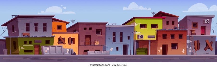 Poor ghetto city street district with slum house building vector background. Cartoon india village neighborhood with favela and broken abandoned dwelling exterior. Dilapidated cityscape with garbage