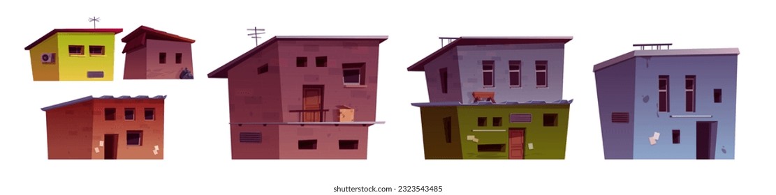 Schlechter ghetto Stadthaus Vektorbau Set. Cartoon india Dorfviertel gebrochen Haus einzeln auf weißem Hintergrund. Außenkollektion für veraltete Favela-Architektur