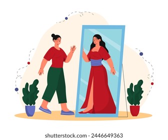 Pobre chica sueña cerca del espejo. Mujer de pie y mirando su reflejo en vestido rojo. Una persona molesta y frustrada piensa en la riqueza. Ilustración vectorial plana de dibujos animados aislada sobre fondo blanco