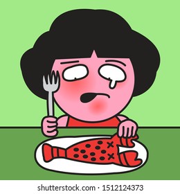 Poor Girl Has Awful Allergic Reaction To Lobster Or Seafood But Still Wants To Eat Concept,  Card Character illustration