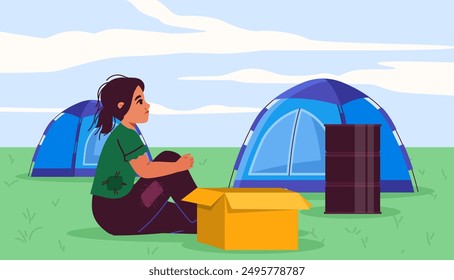 Poor girl near tent. Child sits near cardboard box and fire. Kid trying to warm up. Poverty and misery. Schoolgirl in refugee camp. Flat vector illustration isolated on white background