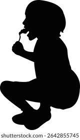 uma pobre menina sentada e comendo, corpo silhueta vetor