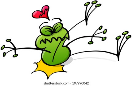 Poor green frog making a painful gesture when falling down and violently hitting its bottom against the ground while showing a sorrow of love by a broken heart floating above its head