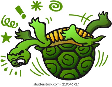 Poor green turtle having trouble when laying on its back, balancing, complaining about its bad luck and making a big effort to recover its normal position