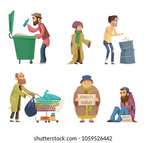 Poor and homeless adults people. Vector characters set. Homeless dirty, poor beggar, hungry adult with problem illustration