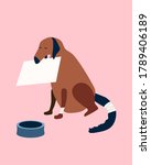Poor homeless dog with a wounded tail and paw is begging on the street with a cardboard box in its mouth.Animal shelter, donations, fundraising for food and treatment concept.Social flat vector poster