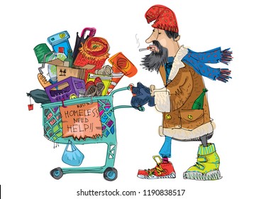 A poor homeless guy with old supermarket cart full of trash and all kind of stuff. Caricature. Cartoon
