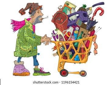 A poor homeless guy with old supermarket cart full of trash and all kind of stuff. Caricature. Cartoon