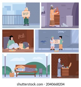 Poor homeless hungry adult and children living at city streets needy in help and charity. Concept of social problems of poverty, jobless and homelessness. Set of vector posters.