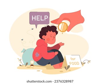 Pobre niñito sin hogar pidiendo dinero. Huérfano o niño abandonado que pide ayuda en la calle. Ausencia y no participación de la familia, falta de interés parental para un niño. Ilustración vectorial plana