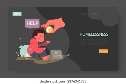 Poor homeless little boy asking for money nighmode or darkmode web banner or landing page. Orphan or neglected child. Absence and uninvolvement of family. Flat vector illustration