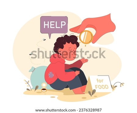 Poor homeless little boy asking for money. Orphan or neglected child asking for help on the street. Absence and uninvolvement of family, lack of parental interest to a child. Flat vector illustration