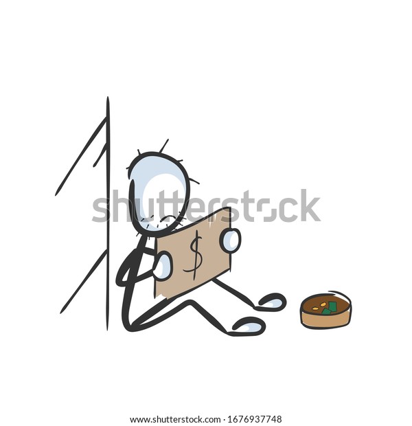 Poor homeless man asking for money. Street\
begging. Social issue. Hand drawn. Stickman cartoon. Doodle sketch,\
Vector graphic\
illustration