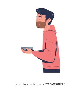 Poor Homeless Man with Bowl Waiting for Free Meal Vector Illustration