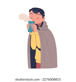 Poor Homeless Man Drinking Hot Steaming Tea Warming Vector Illustration