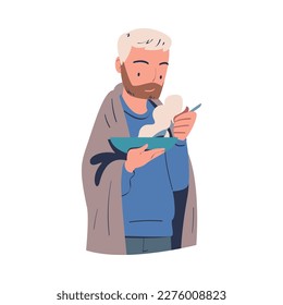 Poor Homeless Man Eating Hot Soup in Bowl Warming Vector Illustration