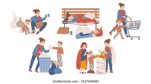 Poor Homeless People Live On City Street, Sleep On Bench, Begging Money. Concept Of Poverty, Problems Of Beggars, Refugee, Jobless. Vector Flat Illustration Of Sad Needy Woman And Boy