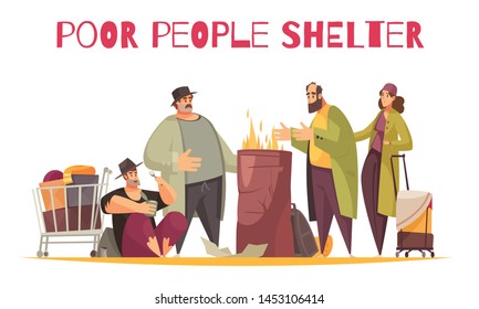 Poor homeless shelter outdoor flat comic composition with people burning fire surviving cold on street vector illustration   