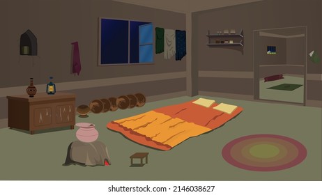 Poor house room inside with kitchen cartoon background with bed, table, window, door, chair vector illustration.