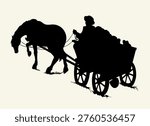 Poor human rider guy boy worker outline wood male cattle trotter yoke spoke rim race trolley telega crop harvest cargo bag wain scene. Hand line art ukrainian past century age mane mammal pet mare go run walk move dray way grass field nature white ukraine sky sign icon