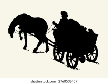 Poor human rider guy boy worker outline wood male cattle trotter yoke spoke rim race trolley telega crop harvest cargo bag wain scene. Hand line art ukrainian past century age mane mammal pet mare go run walk move dray way grass field nature white ukraine sky sign icon