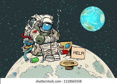 Poor hungry astronaut on the moon. Pop art retro vector illustration vintage kitsch drawing