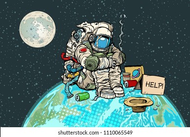 Poor hungry astronaut on planet earth. Pop art retro vector illustration vintage kitsch drawing